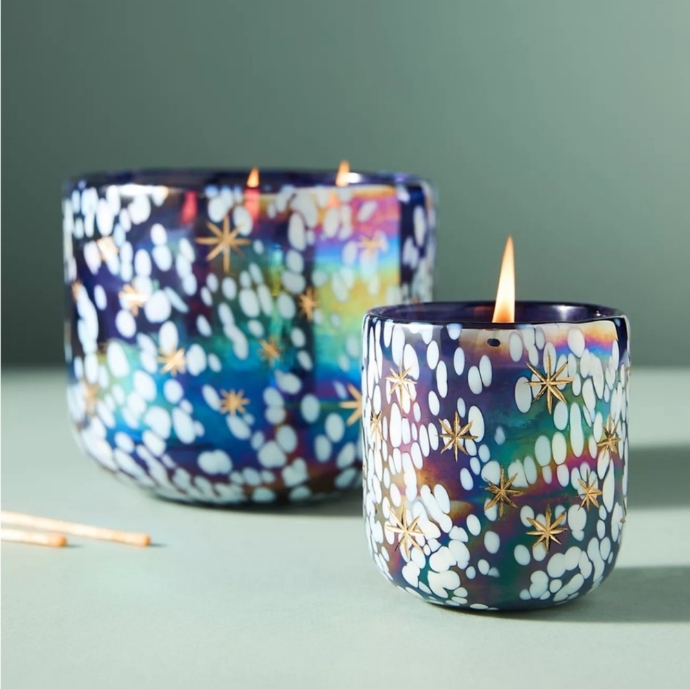 Anthropologie FESTIVE WOODY CEDAR & CYPRESS GILDED GLASS JAR CANDLE LARGE NIB